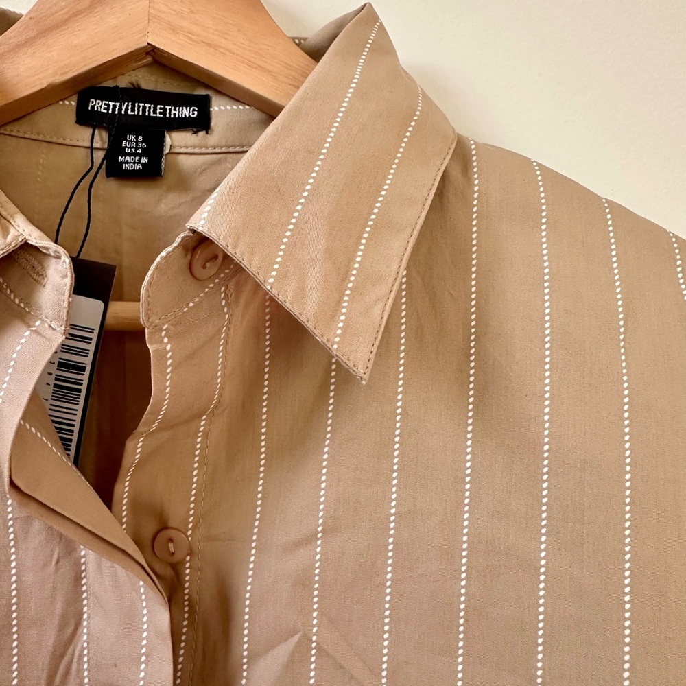 Prettylittlething STONE POPLIN PINSTRIPE POCKET DETAIL CROPPED SHIRT NWT 4 - Picture 10 of 11